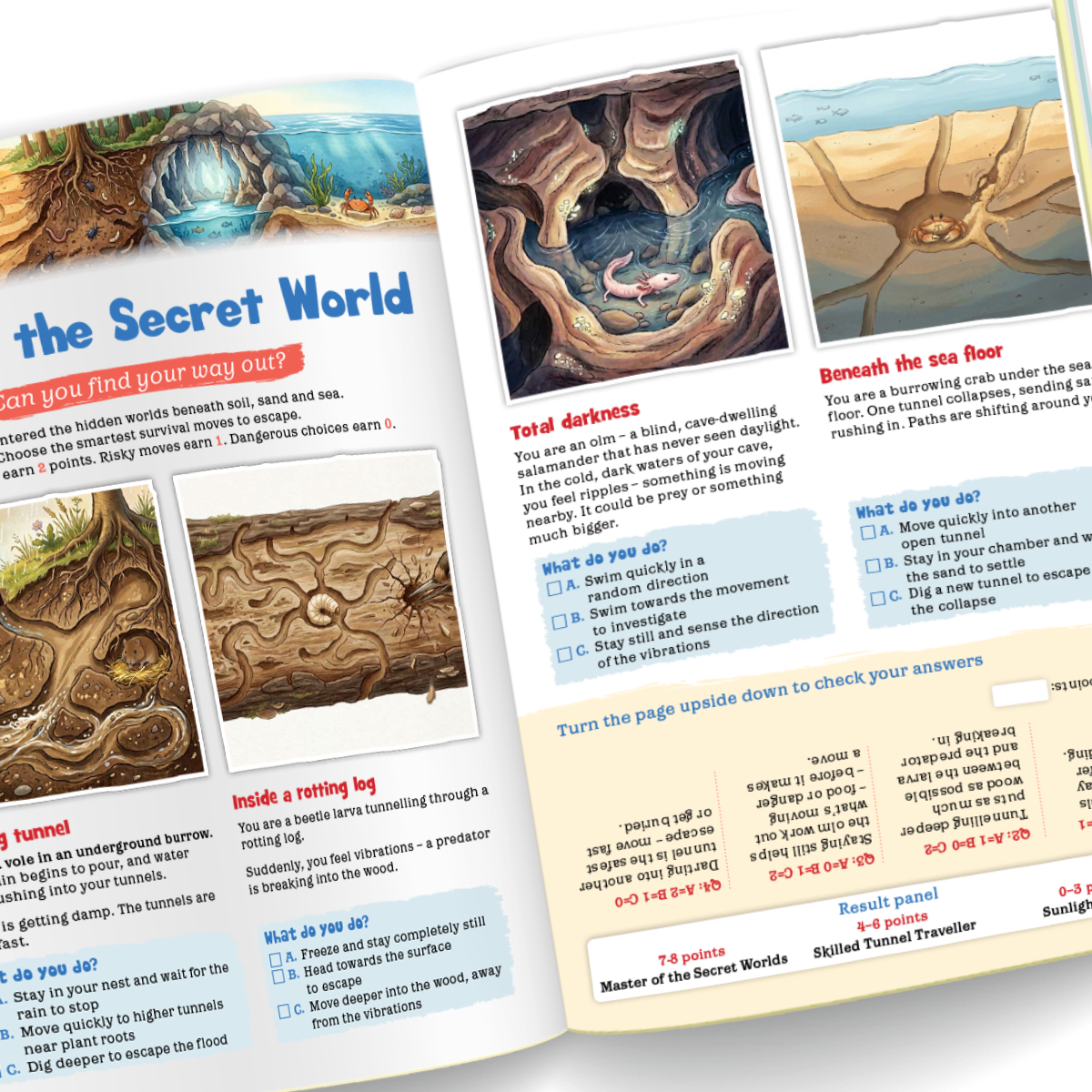 Children's nature magazine showing an interactive game about secret worlds under sand, soil and sea.